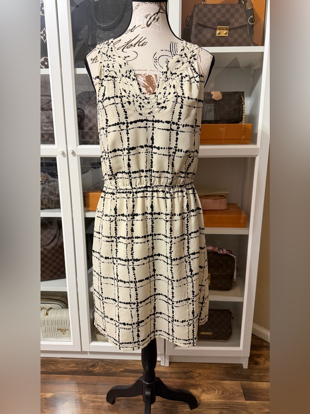 LOFT Cream Dress with Black Grid Dot Print